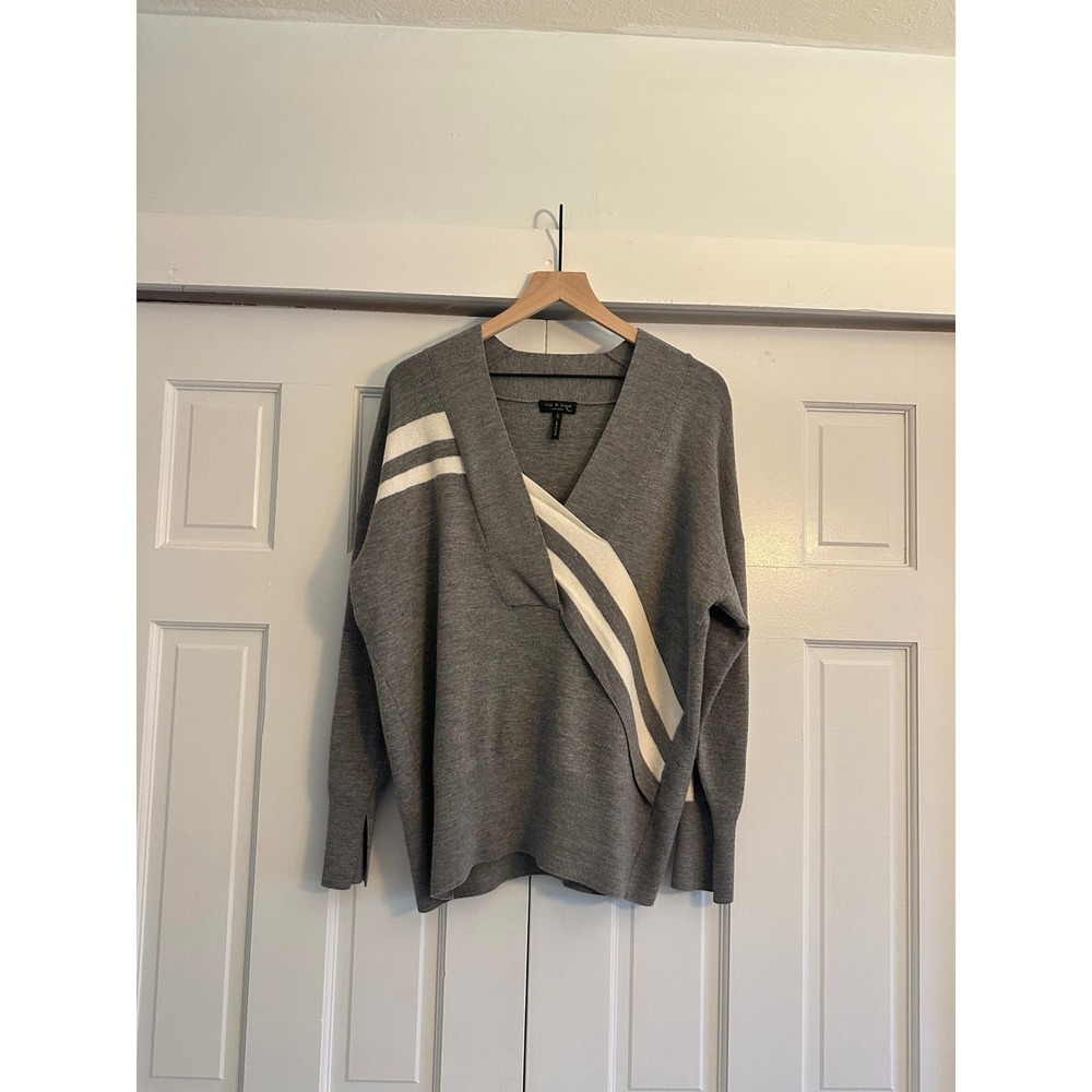 Rag & Bone Grey V-Neck Varsity Stripe Wrap Knit Sweater Womens Large